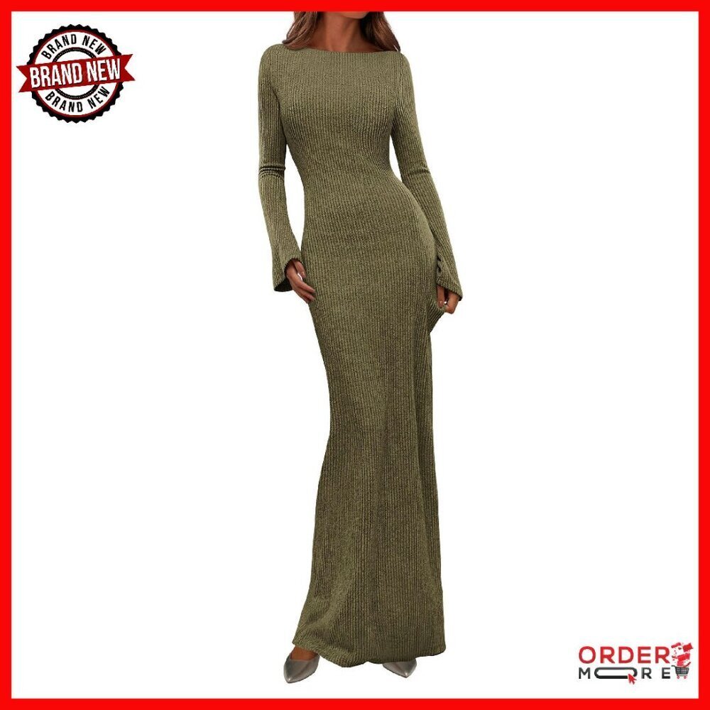 Long Sleeve Ribbed Knit Maxi Dress Bodycon Boat Neck Casual